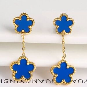 Alhambra Luck Four Clover Gold Flower Stainless Steel Dark Blue Drop Earrings